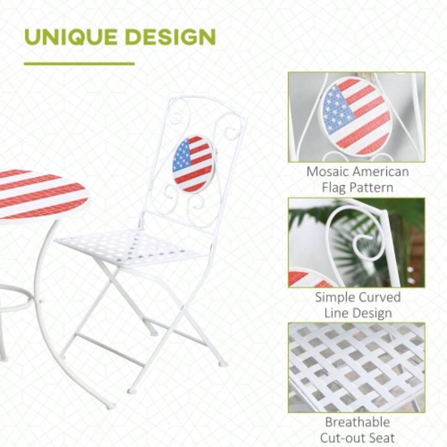 3 Piece Patio Bistro Set, Folding Outdoor Furniture with USA Table and Chairs, Portable Metal Frames 4th of July, Balcony, Backyard, Poolside, Porch, American