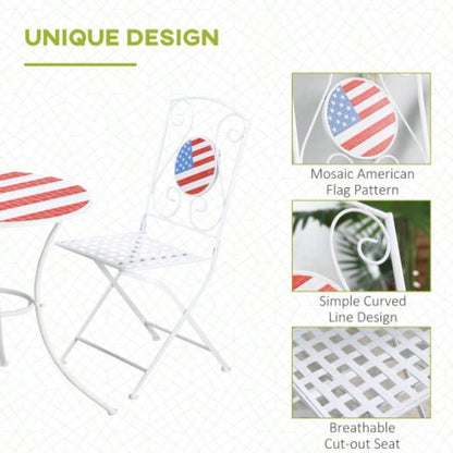 3 Piece Patio Bistro Set, Folding Outdoor Furniture with USA Table and Chairs, Portable Metal Frames 4th of July, Balcony, Backyard, Poolside, Porch, American