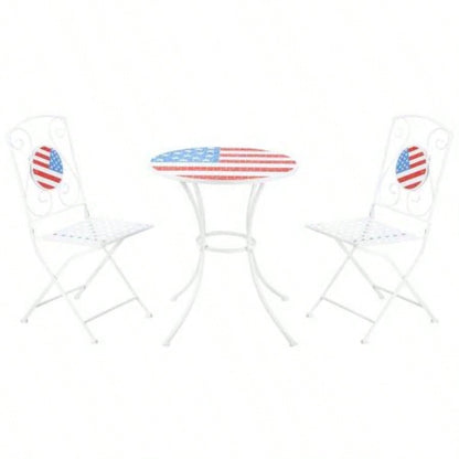 3 Piece Patio Bistro Set, Folding Outdoor Furniture with USA Table and Chairs, Portable Metal Frames 4th of July, Balcony, Backyard, Poolside, Porch, American