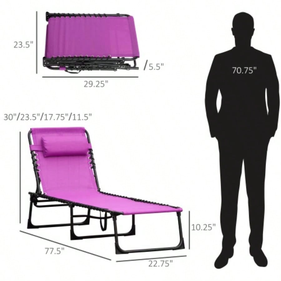 Outsunny Folding Chaise Lounge Pool Chair, Patio Tanning Chair, Outdoor Lounge Chair/ 4 - Position Reclining Back, Pillow, Breathable Mesh Bungee Beach, Yard, Patio, Purple