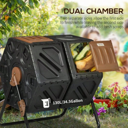 Outsunny Dual Chamber Compost Tumbler Bin, Outdoor Tumbling Composter with 24 Ventilation Openings and Steel, 34.5 Gallon