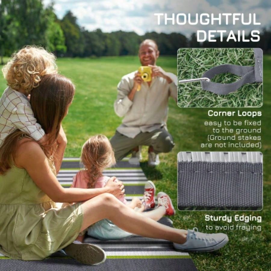 Outsunny Reversible Outdoor Rug Carpet, 9x 12 Waterproof Plastic Straw Rug, Portable RV Camping Rugs with Carry Bag, Large Floor Backyard, Deck, Picnic, Beach, Green Gray Striped