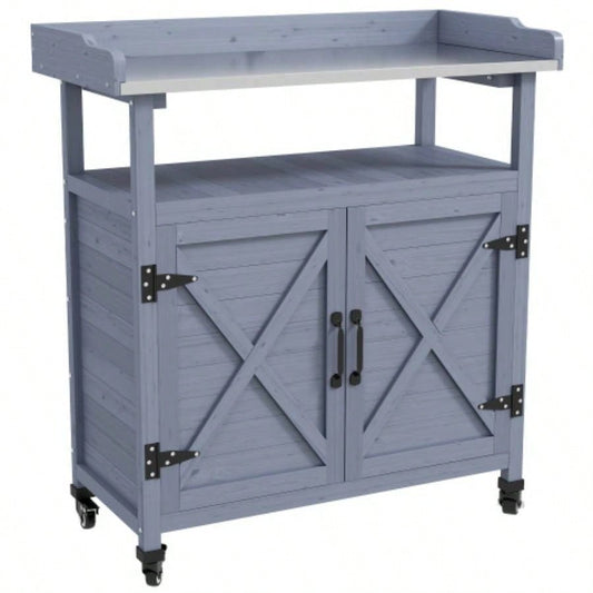 Outsunny Outdoor Potting, Wooden Potting Table with Storage Cabinet, Aluminum Table Top, Rubber Wheels Backyard, Patio, Balcony, Gray
