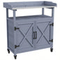 Outsunny Outdoor Potting, Wooden Potting Table with Storage Cabinet, Aluminum Table Top, Rubber Wheels Backyard, Patio, Balcony, Gray