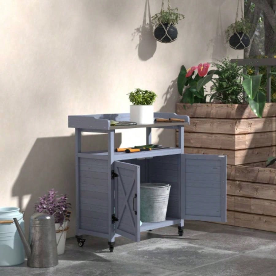 Outsunny Outdoor Potting, Wooden Potting Table with Storage Cabinet, Aluminum Table Top, Rubber Wheels Backyard, Patio, Balcony, Gray