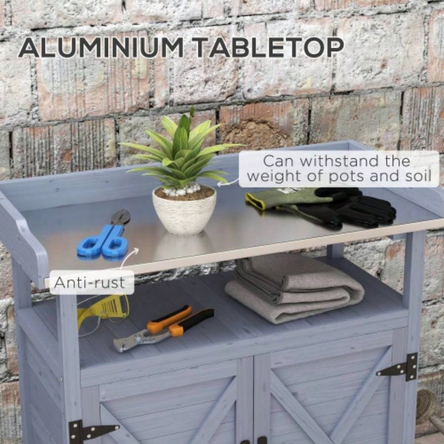 Outsunny Outdoor Potting, Wooden Potting Table with Storage Cabinet, Aluminum Table Top, Rubber Wheels Backyard, Patio, Balcony, Gray