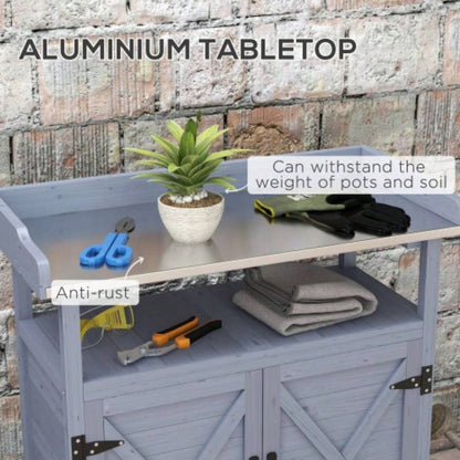 Outsunny Outdoor Potting, Wooden Potting Table with Storage Cabinet, Aluminum Table Top, Rubber Wheels Backyard, Patio, Balcony, Gray