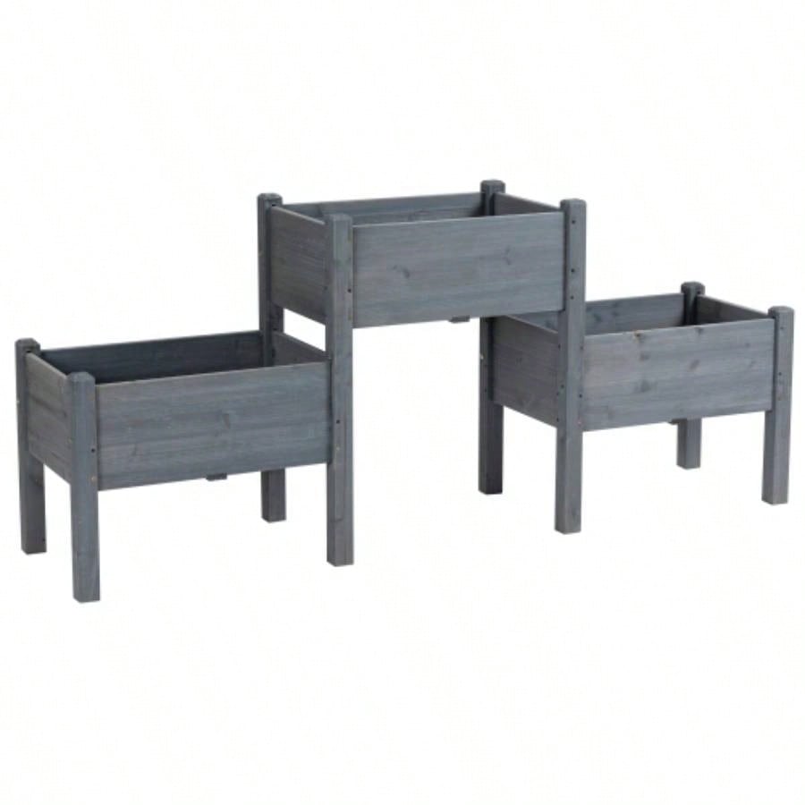 Outsunny Raised Garden Bed with 3 Planter Box, Elevated Wooden Plant Stand with Drainage Holes, Vegetables, Herb and Flowers, Gray