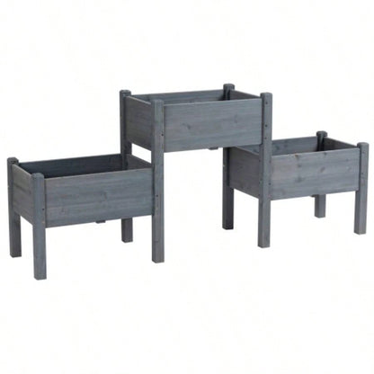 Outsunny Raised Garden Bed with 3 Planter Box, Elevated Wooden Plant Stand with Drainage Holes, Vegetables, Herb and Flowers, Gray