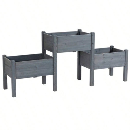 Outsunny Raised Garden Bed with 3 Planter Box, Elevated Wooden Plant Stand with Drainage Holes, Vegetables, Herb and Flowers, Gray