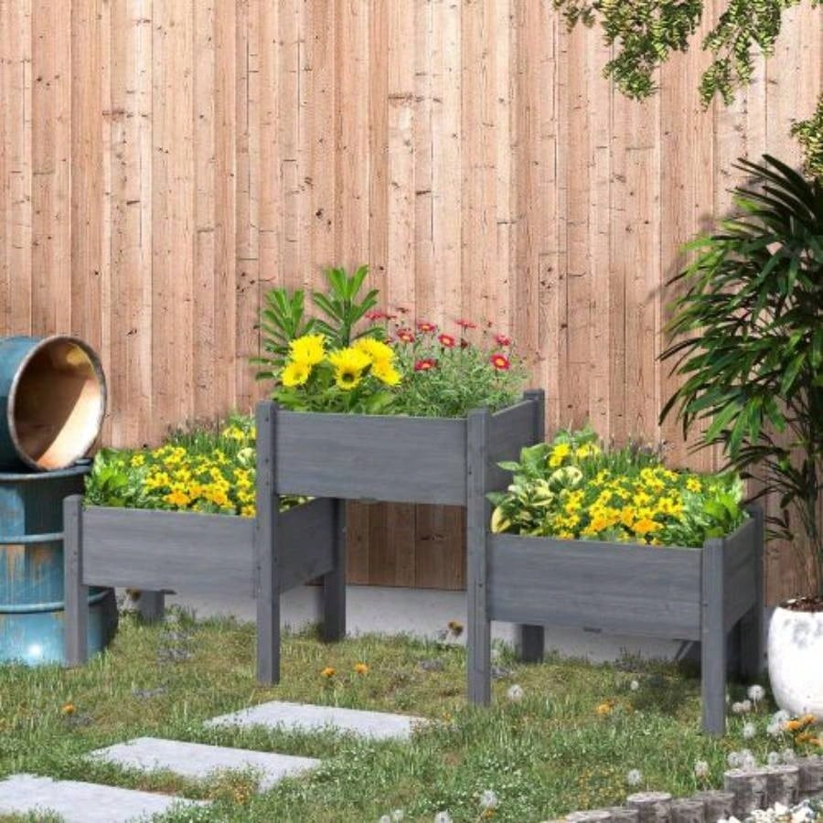 Outsunny Raised Garden Bed with 3 Planter Box, Elevated Wooden Plant Stand with Drainage Holes, Vegetables, Herb and Flowers, Gray