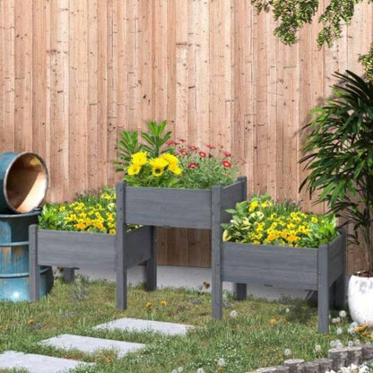Outsunny Raised Garden Bed with 3 Planter Box, Elevated Wooden Plant Stand with Drainage Holes, Vegetables, Herb and Flowers, Gray