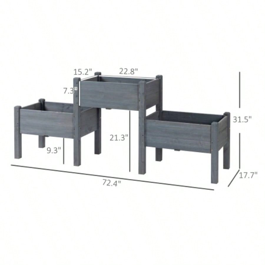 Outsunny Raised Garden Bed with 3 Planter Box, Elevated Wooden Plant Stand with Drainage Holes, Vegetables, Herb and Flowers, Gray
