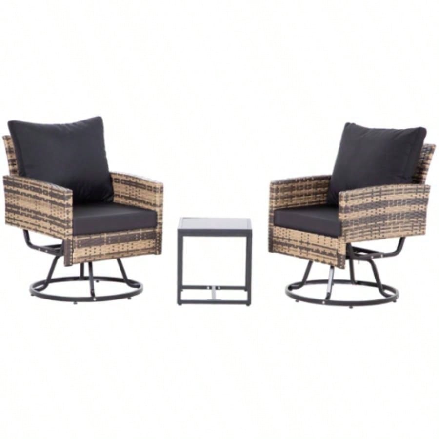 3 - Piece Wicker Patio Furniture Set Rattan Swivel Chairs with Coffee Table, Outdoor Seating Porch, Balcony, Garden Browm Wicker/Black Cushions