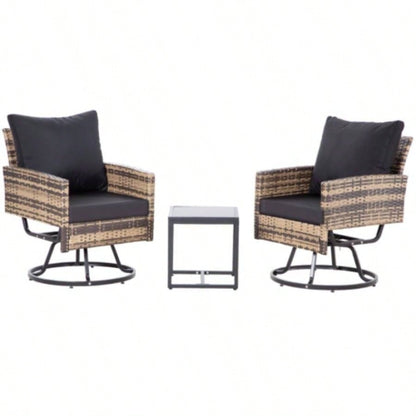3 - Piece Wicker Patio Furniture Set Rattan Swivel Chairs with Coffee Table, Outdoor Seating Porch, Balcony, Garden Browm Wicker/Black Cushions