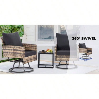 3 - Piece Wicker Patio Furniture Set Rattan Swivel Chairs with Coffee Table, Outdoor Seating Porch, Balcony, Garden Browm Wicker/Black Cushions