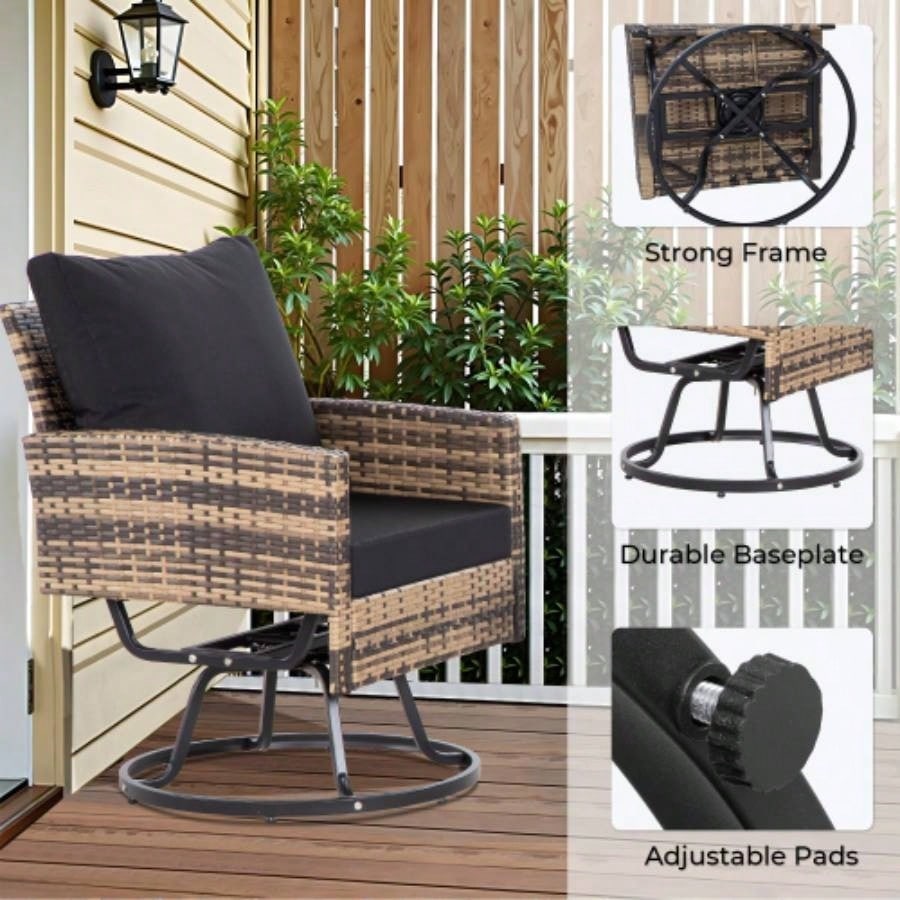 3 - Piece Wicker Patio Furniture Set Rattan Swivel Chairs with Coffee Table, Outdoor Seating Porch, Balcony, Garden Browm Wicker/Black Cushions