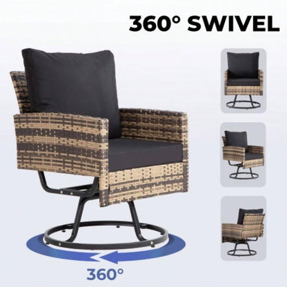 3 - Piece Wicker Patio Furniture Set Rattan Swivel Chairs with Coffee Table, Outdoor Seating Porch, Balcony, Garden Browm Wicker/Black Cushions