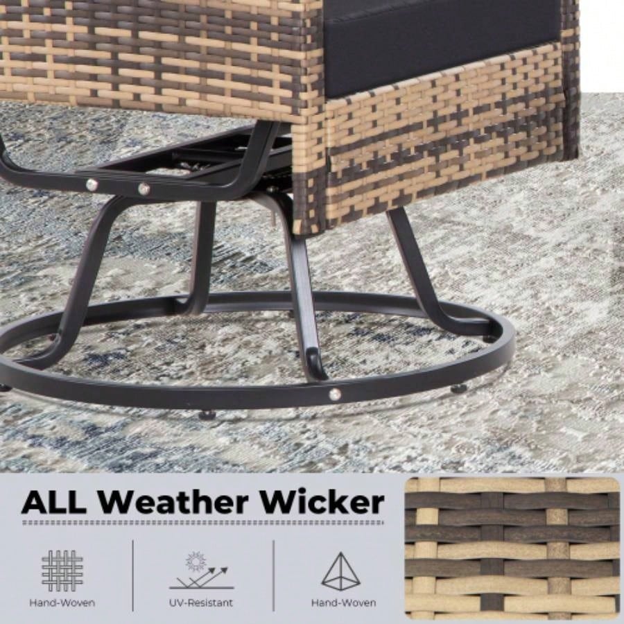 3 - Piece Wicker Patio Furniture Set Rattan Swivel Chairs with Coffee Table, Outdoor Seating Porch, Balcony, Garden Browm Wicker/Black Cushions