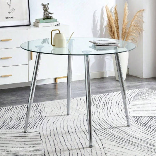 A glass tabletop with a diameter of 38.6 inches and a modern minimalist circular dining table with silver metal. Suitable living rooms, and conference rooms.