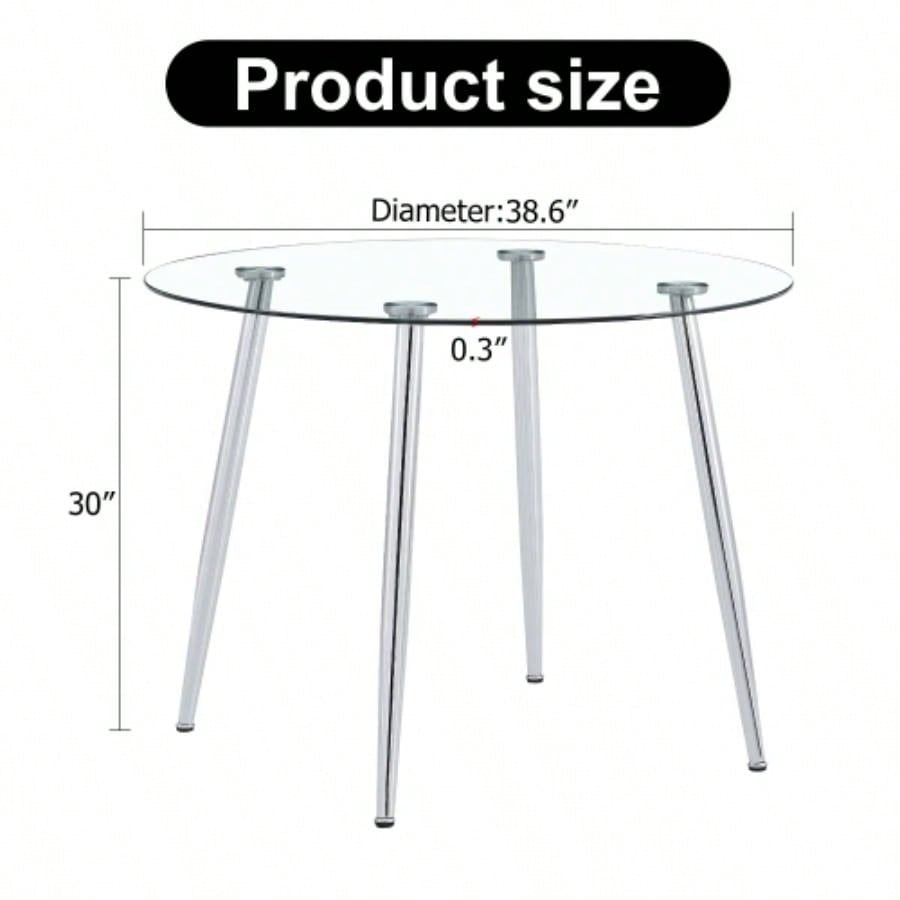 A glass tabletop with a diameter of 38.6 inches and a modern minimalist circular dining table with silver metal. Suitable living rooms, and conference rooms.