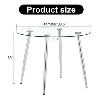 A glass tabletop with a diameter of 38.6 inches and a modern minimalist circular dining table with silver metal. Suitable living rooms, and conference rooms.