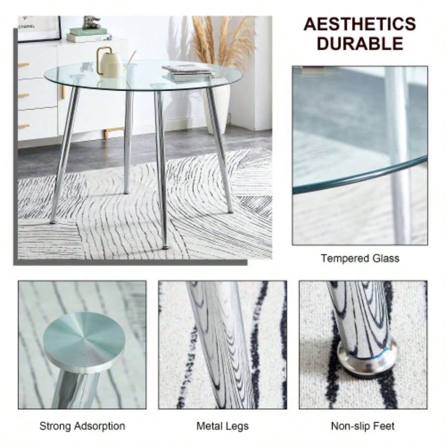 A glass tabletop with a diameter of 38.6 inches and a modern minimalist circular dining table with silver metal. Suitable living rooms, and conference rooms.