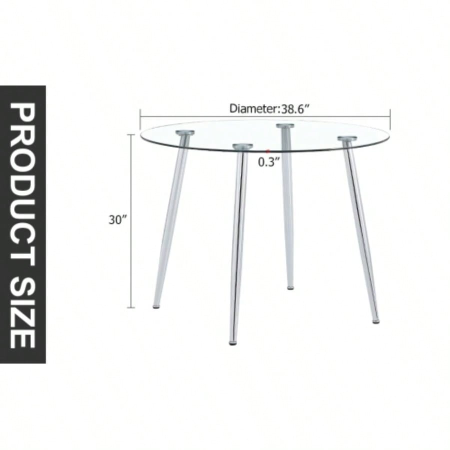 A glass tabletop with a diameter of 38.6 inches and a modern minimalist circular dining table with silver metal. Suitable living rooms, and conference rooms.