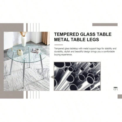 A glass tabletop with a diameter of 38.6 inches and a modern minimalist circular dining table with silver metal. Suitable living rooms, and conference rooms.