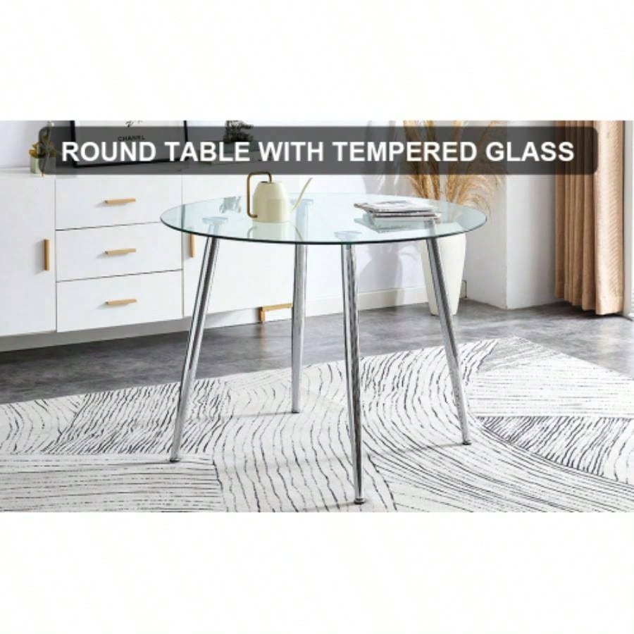 A glass tabletop with a diameter of 38.6 inches and a modern minimalist circular dining table with silver metal. Suitable living rooms, and conference rooms.