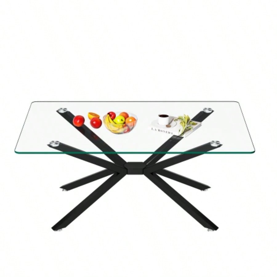 39.37 Rectangular Tempered Glass Coffee Table, Stylish Design with Black Metal, Coffee Table Living Room