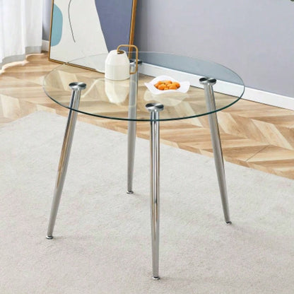 A glass tabletop with a diameter of 38.6 inches and a modern minimalist circular dining table with silver metal. Suitable living rooms, and conference rooms.