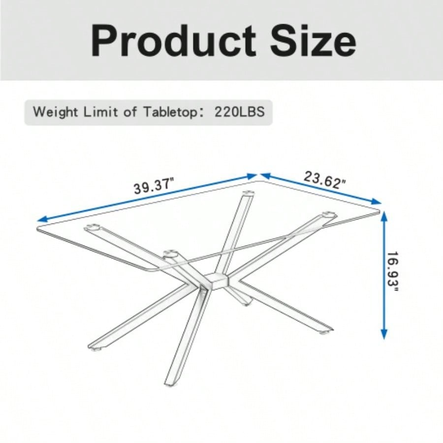 39.37 Rectangular Tempered Glass Coffee Table, Stylish Design with Black Metal, Coffee Table Living Room