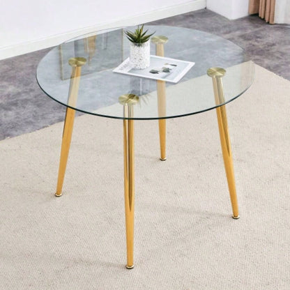 A glass tabletop with a diameter of 38.6 inches and a modern minimalist circular dining table with silver metal. Suitable living rooms, and conference rooms.