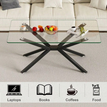 39.37 Rectangular Tempered Glass Coffee Table, Stylish Design with Black Metal, Coffee Table Living Room