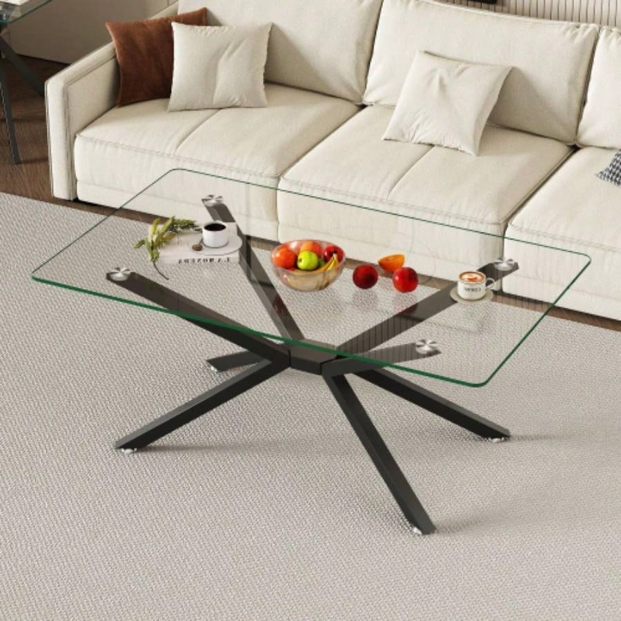 39.37 Rectangular Tempered Glass Coffee Table, Stylish Design with Black Metal, Coffee Table Living Room