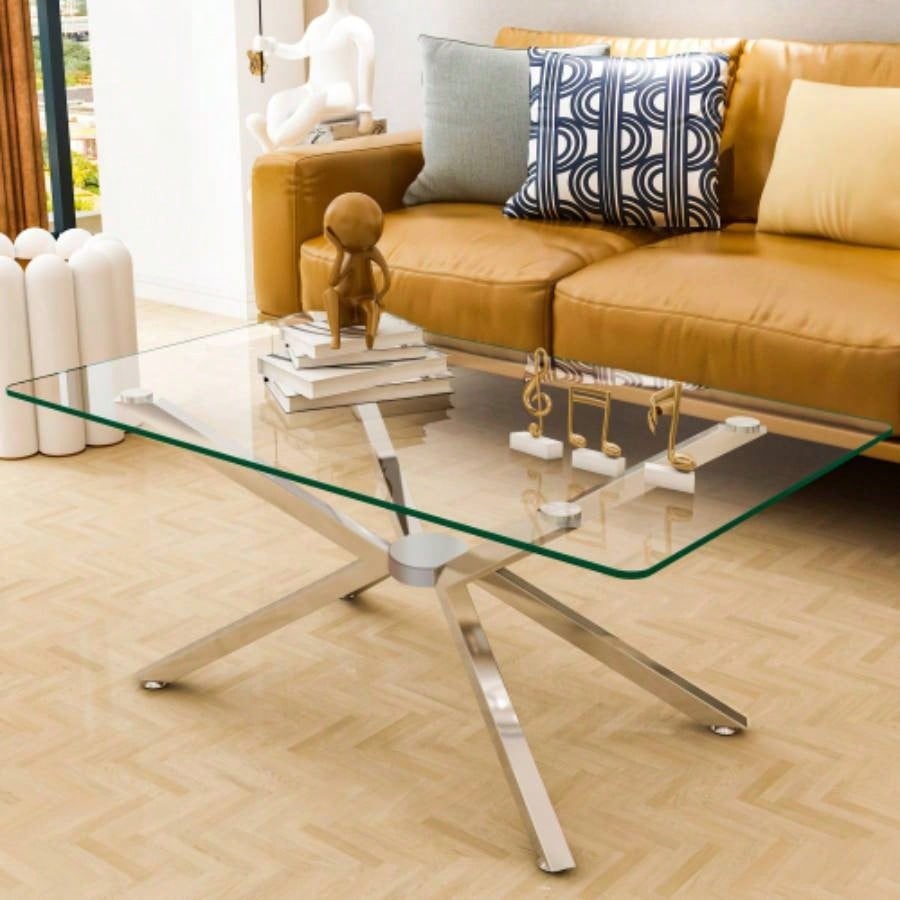 39.37 Rectangular Tempered Glass Coffee Table, Stylish Design with Black Metal, Coffee Table Living Room