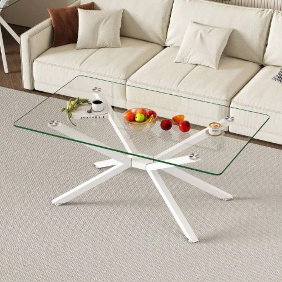 39.37 Rectangular Tempered Glass Coffee Table, Stylish Design with Black Metal, Coffee Table Living Room