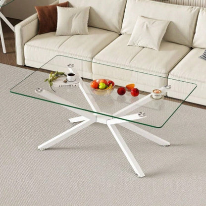 39.37 Rectangular Tempered Glass Coffee Table, Stylish Design with Black Metal, Coffee Table Living Room