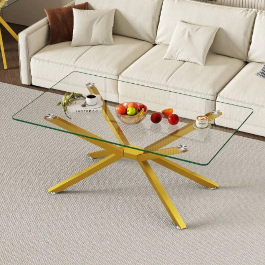 39.37 Rectangular Tempered Glass Coffee Table, Stylish Design with Black Metal, Coffee Table Living Room
