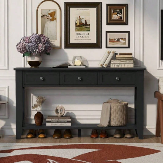 UStyle 55.4 Modern Entryway Console Table with Three Storage Drawers, Sideboard with Poplar and Metal Handles, Contemporary Narrow Sofa Table Living Room, Bedroom, Small Apartments, Foyer