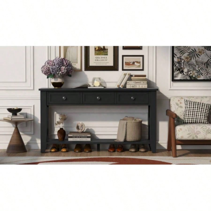 UStyle 55.4 Modern Entryway Console Table with Three Storage Drawers, Sideboard with Poplar and Metal Handles, Contemporary Narrow Sofa Table Living Room, Bedroom, Small Apartments, Foyer