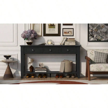 UStyle 55.4 Modern Entryway Console Table with Three Storage Drawers, Sideboard with Poplar and Metal Handles, Contemporary Narrow Sofa Table Living Room, Bedroom, Small Apartments, Foyer