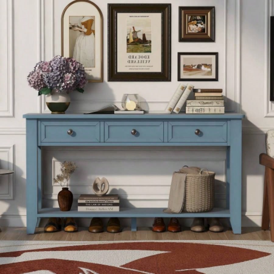 UStyle 55.4 Modern Entryway Console Table with Three Storage Drawers, Sideboard with Poplar and Metal Handles, Contemporary Narrow Sofa Table Living Room, Bedroom, Small Apartments, Foyer