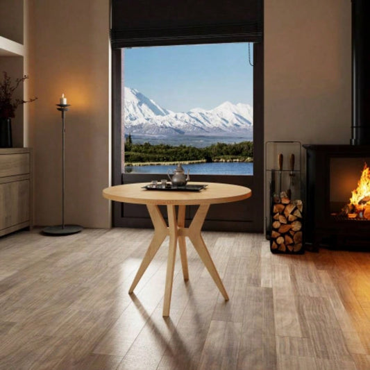 Mid - Modern 39.4 Round Dining Table with Intersecting Wooden, Rubberwood Plywood Construction, Oak Veneer