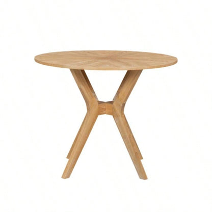 Mid - Modern 39.4 Round Dining Table with Intersecting Wooden, Rubberwood Plywood Construction, Oak Veneer