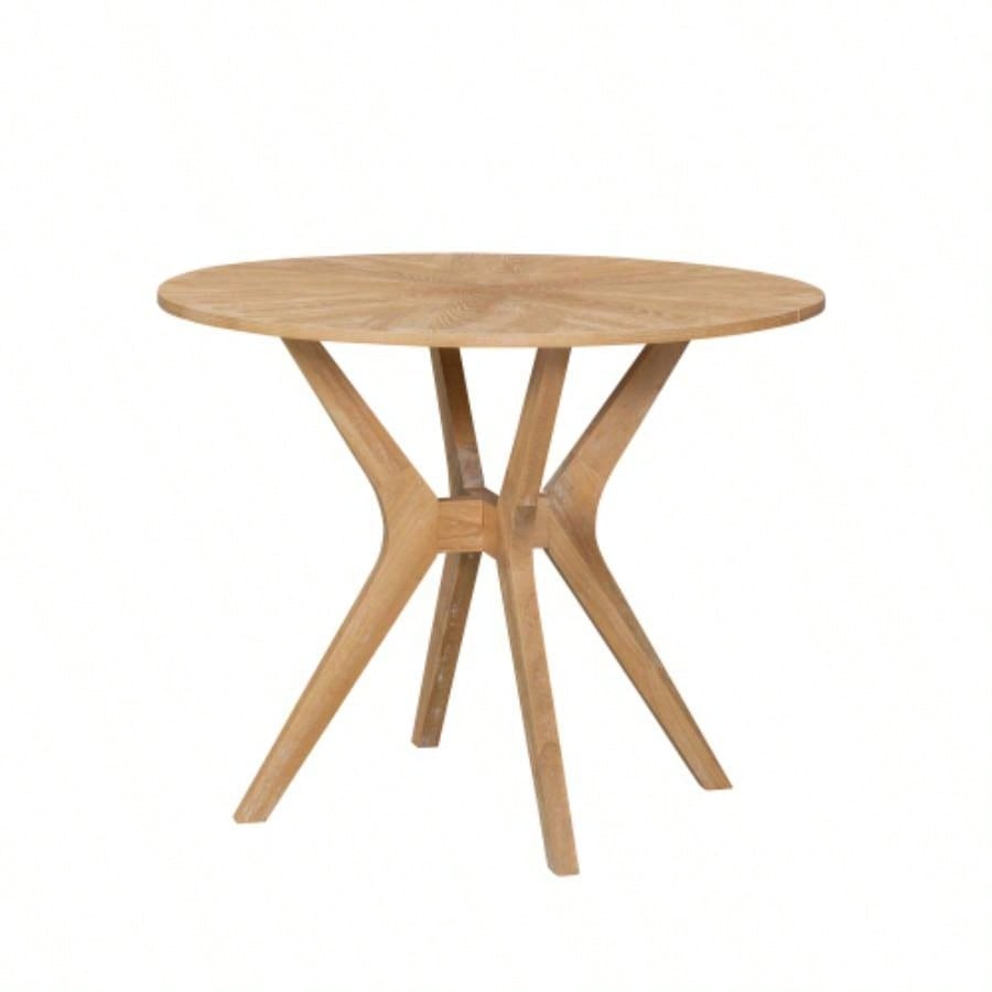 Mid - Modern 39.4 Round Dining Table with Intersecting Wooden, Rubberwood Plywood Construction, Oak Veneer