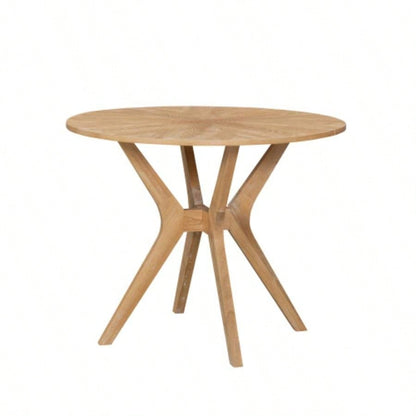 Mid - Modern 39.4 Round Dining Table with Intersecting Wooden, Rubberwood Plywood Construction, Oak Veneer