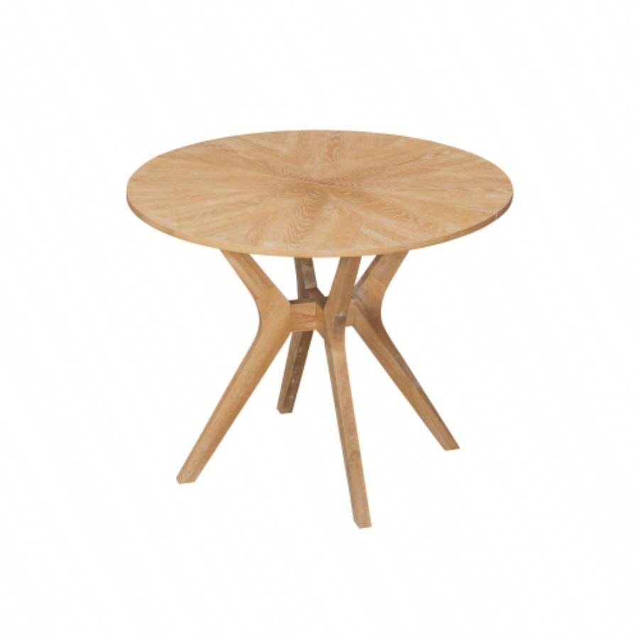 Mid - Modern 39.4 Round Dining Table with Intersecting Wooden, Rubberwood Plywood Construction, Oak Veneer