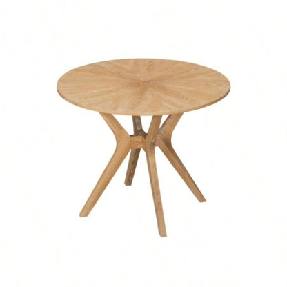 Mid - Modern 39.4 Round Dining Table with Intersecting Wooden, Rubberwood Plywood Construction, Oak Veneer